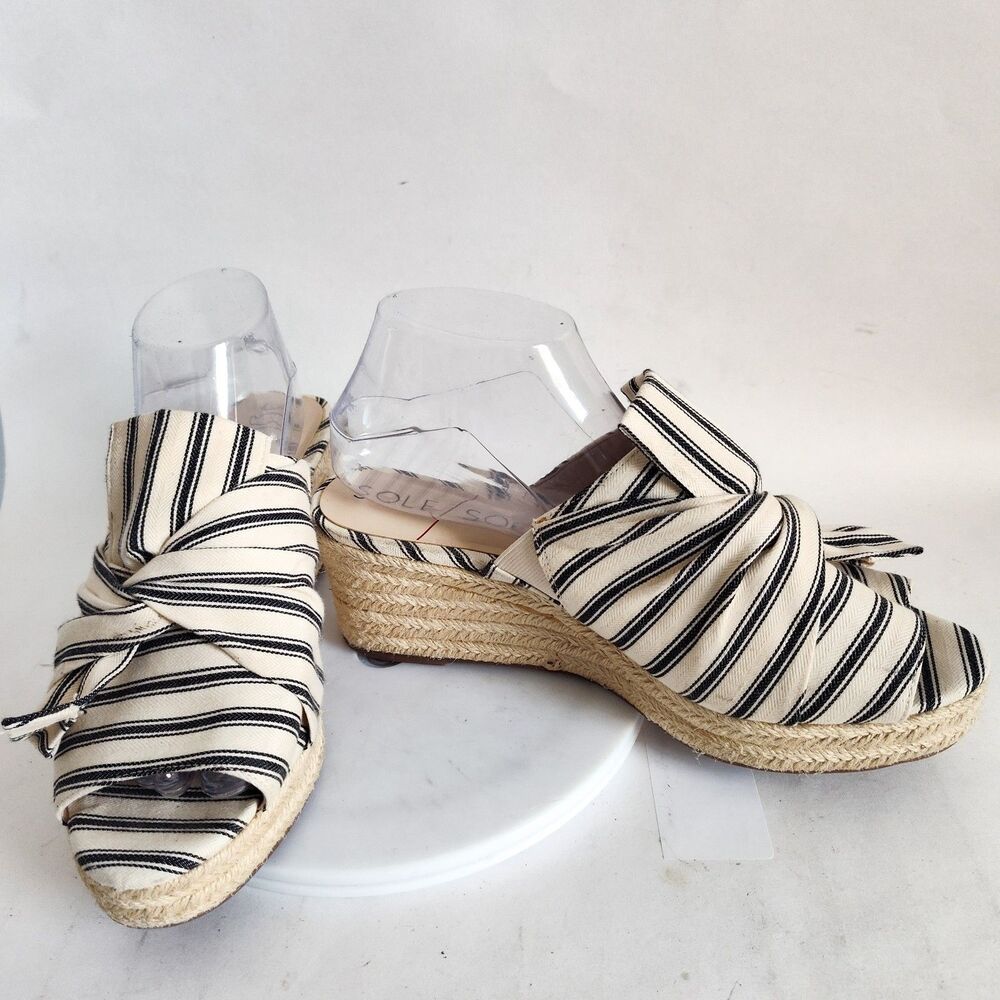 Sole Society Mules Size 9 Slides Linen Cream Blue Striped Bow Flats Closed Toe